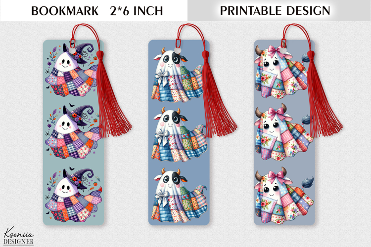 Printable Patchwork Ghost Bookmark Design - Cute Halloween