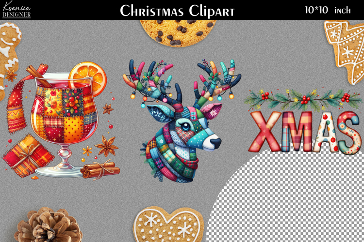 Patchwork Christmas Clipart|Quilted Christmas Design