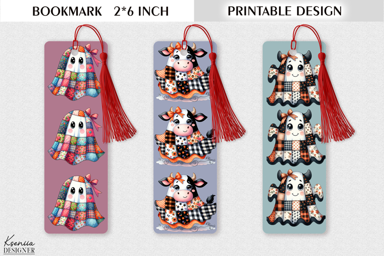 Printable Patchwork Ghost Bookmark Design - Cute Halloween