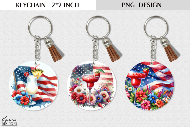 Watercolor Patriotic Floral Cocktail |Round Keychain Design