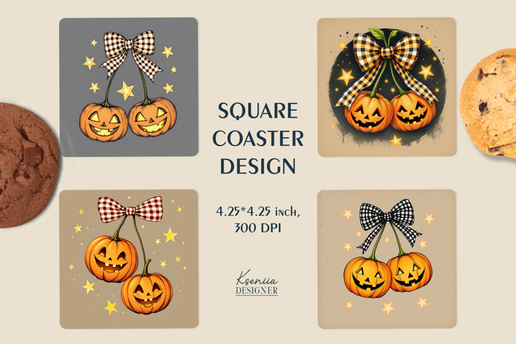 Whimsical Vintage Cherry Pumpkin with Bows Square Coasters