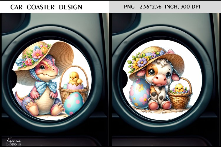 Easter Dinosaur and Cow|Cute Animal Car Coaster Design example image 1