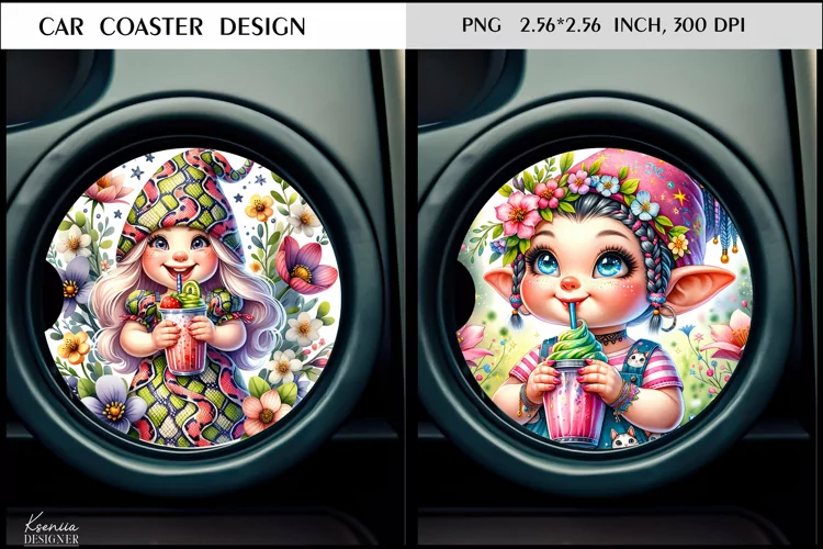 Cute Flower Gnome Wearing Hat| Cartoon Car Coaster Design