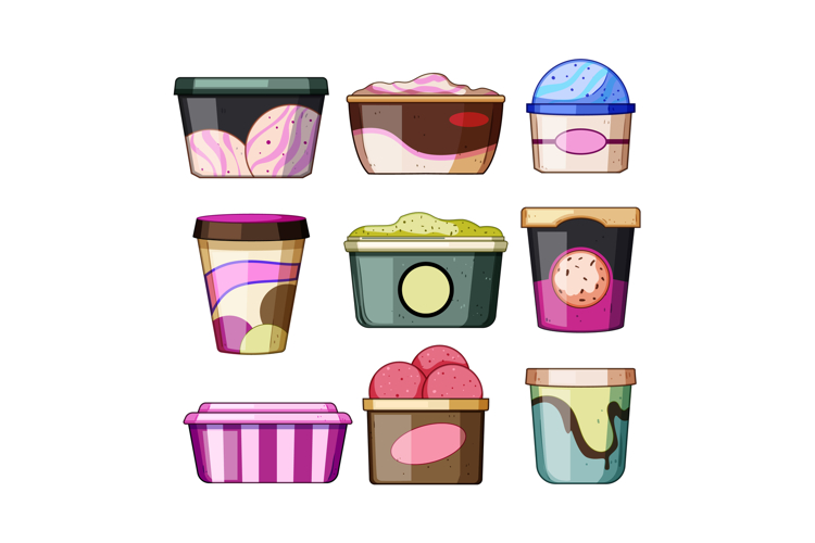 Cartoon collection of various ice cream dessert containers