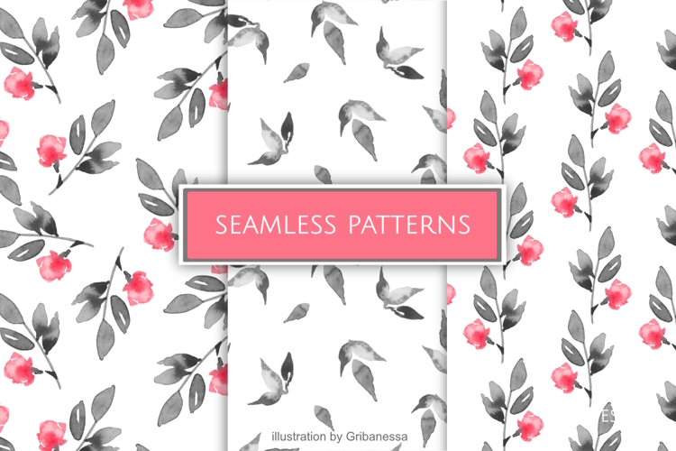 Watercolor Contrasting Floral Seamless Pattern Set