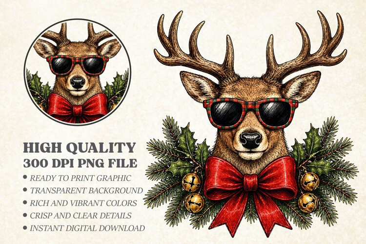 Cool Christmas Reindeer Sunglasses Bow PNG, Deer Sublimation example image 1