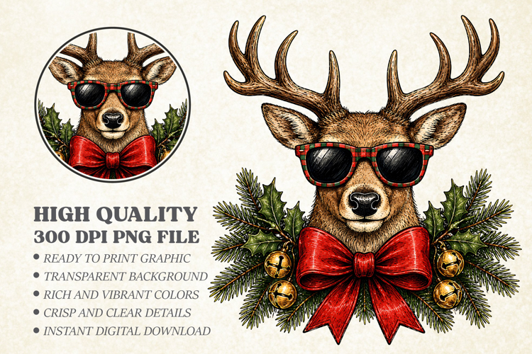 Cool Christmas Reindeer Sunglasses Bow PNG, Deer Sublimation