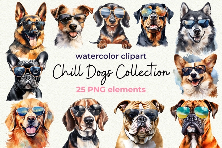 Cool Dogs Sunglasses Cute Dog Breed Clipart Watercolor Dog