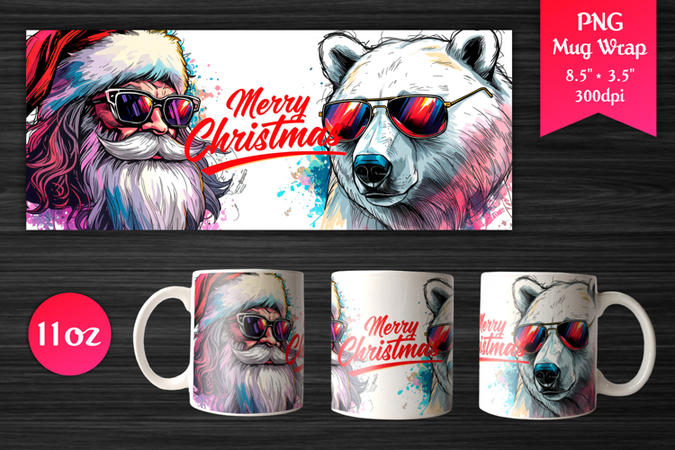 Cool Santa and Polar Bear | Christmas 11oz Mug Wrap Design