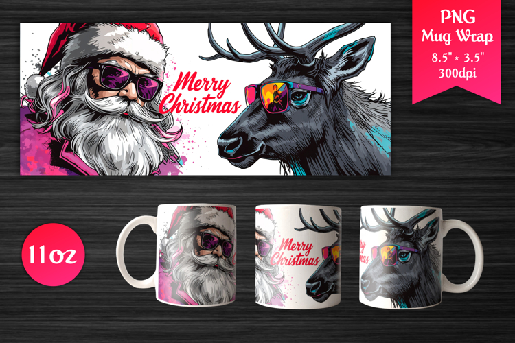Cool Santa and Reindeer | Christmas 11oz Mug Wrap Design