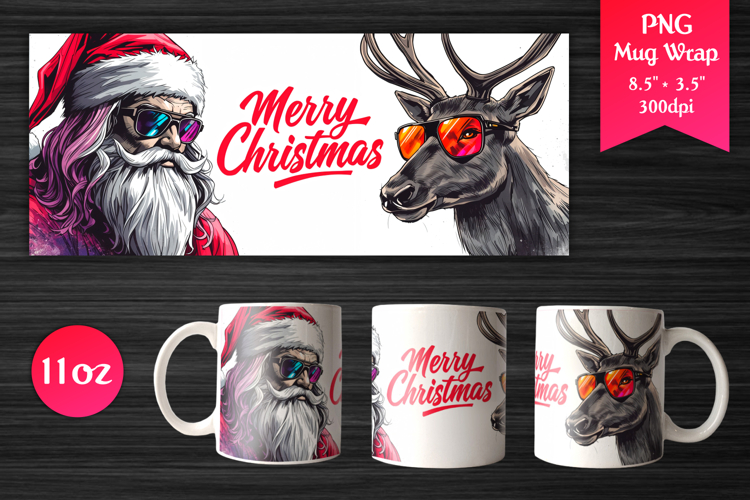 Cool Santa and Reindeer | Christmas 11oz Mug Wrap Design