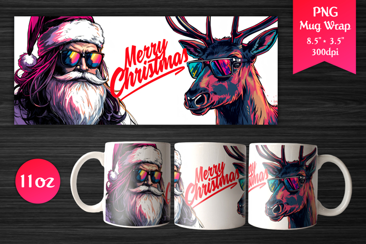 Cool Santa and Reindeer | Christmas 11oz Mug Wrap Design