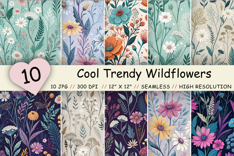 Cool Trendy Wildflowers Seamless Pattern, Modern Floral