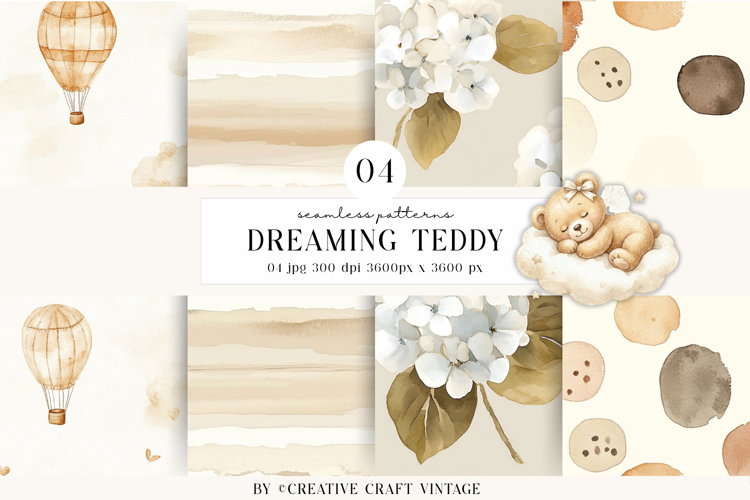 Teddy Bear Seamless Patterns, watercolor baby shower, boho