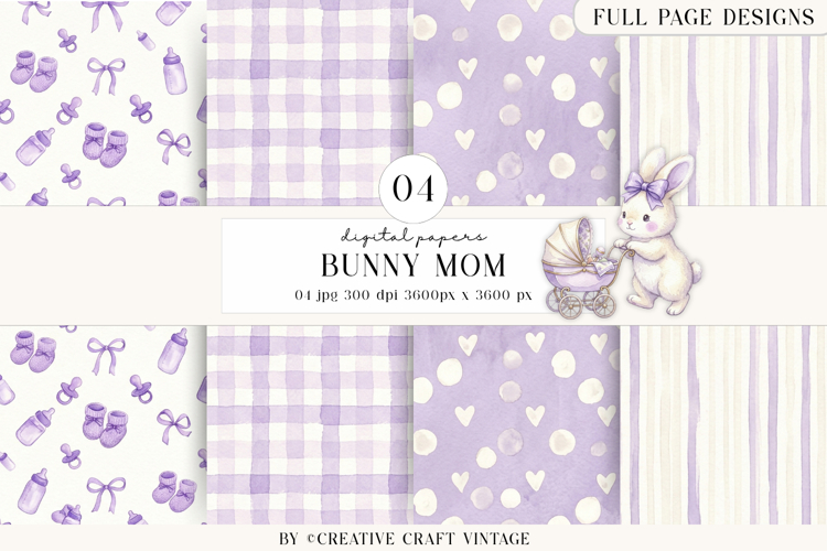 Bunny Mom Digital Papers, watercolor, vintage illustrations
