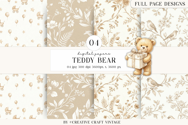 Teddy Bear Digital Papers, watercolor baby shower, boho