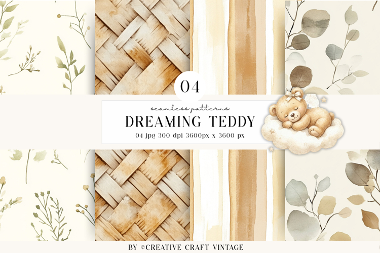 Teddy Bear Seamless Patterns, watercolor baby shower, boho
