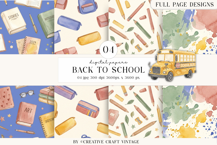 Back To School Digital Papers, watercolor scrapbook designs