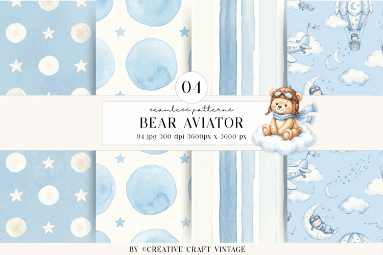 Bear Aviator Seamless Patterns, watercolor illustrations