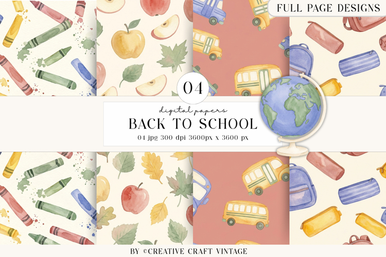 Back To School Digital Papers, watercolor scrapbook designs