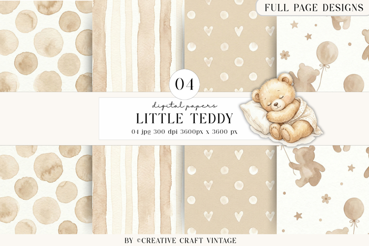 Teddy Bear Digital Papers, watercolor baby shower, boho