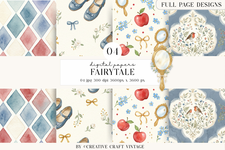 Fairytale Princess Digital Papers, watercolor illustrations