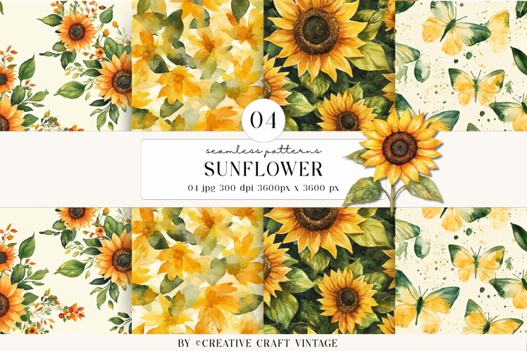 Sunflowers Seamless Patterns, digital papers, watercolor