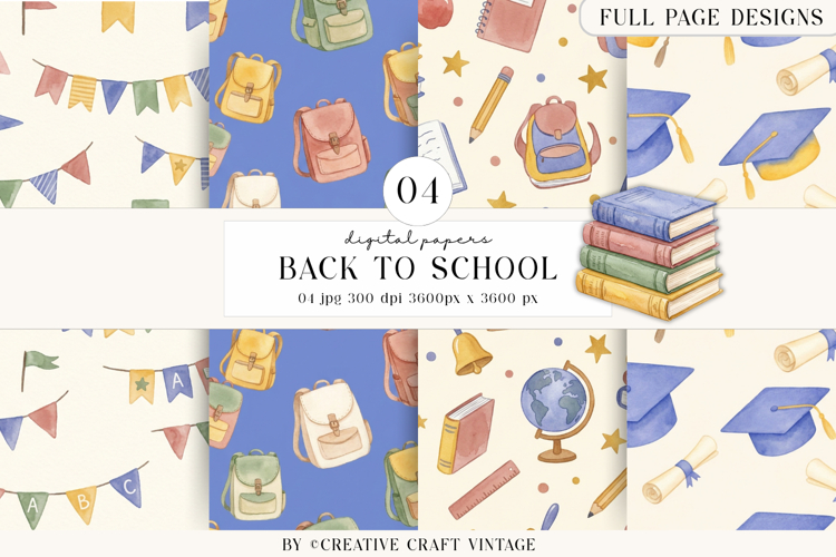 Back To School Digital Papers, watercolor scrapbook designs