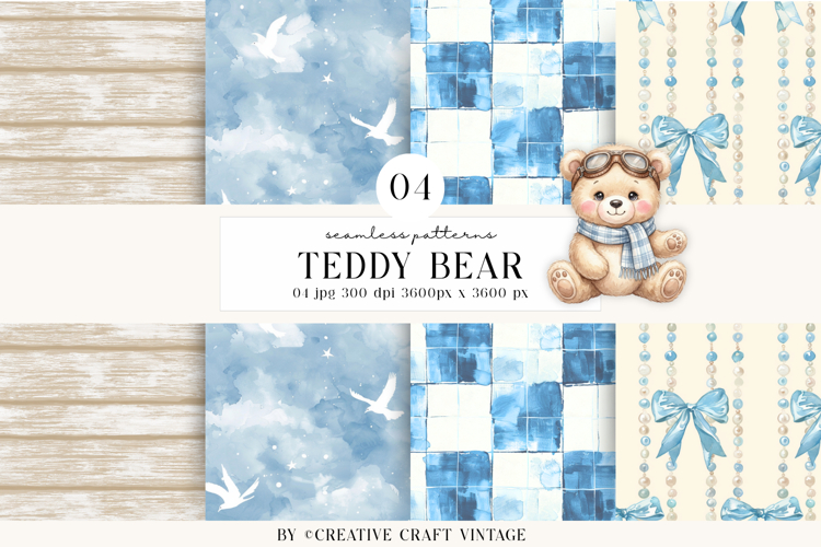 Teddy Bear Seamless Patterns, watercolor papers, vintage