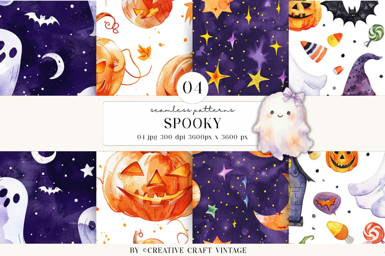 Halloween Seamless Patterns, watercolor digital papers
