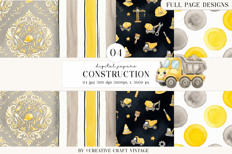 Construction Digital Papers, watercolor vintage illustration