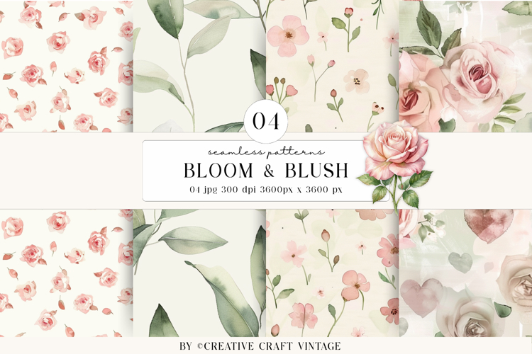 Watercolor Blooms Seamless Patterns, vintage scrapbooking
