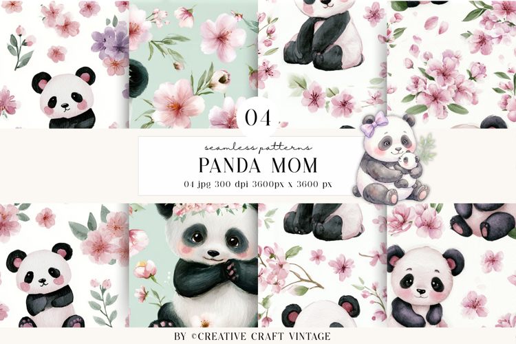 Panda Mom Seamless Patterns, cherry blossom digital papers
