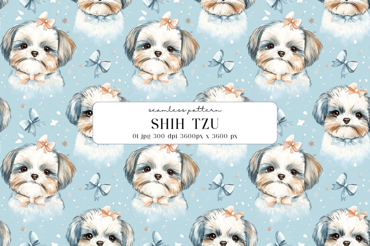 Shih Tzu Puppy Watercolor Seamless Pattern Digital Paper