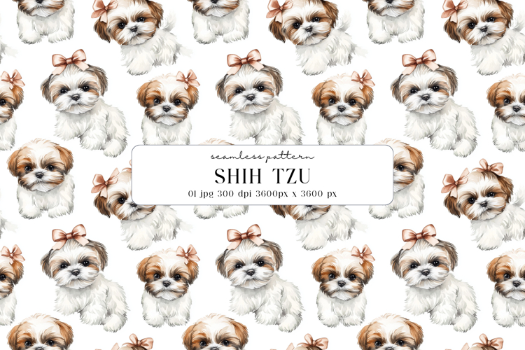 Shih Tzu Puppy Watercolor Seamless Pattern Digital Paper