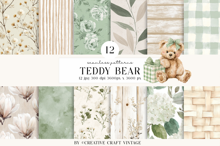 Teddy Bear Seamless Patterns, watercolor papers, vintage
