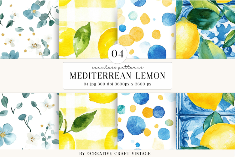 Mediterranean Lemon Seamless Patterns Watercolor Papers