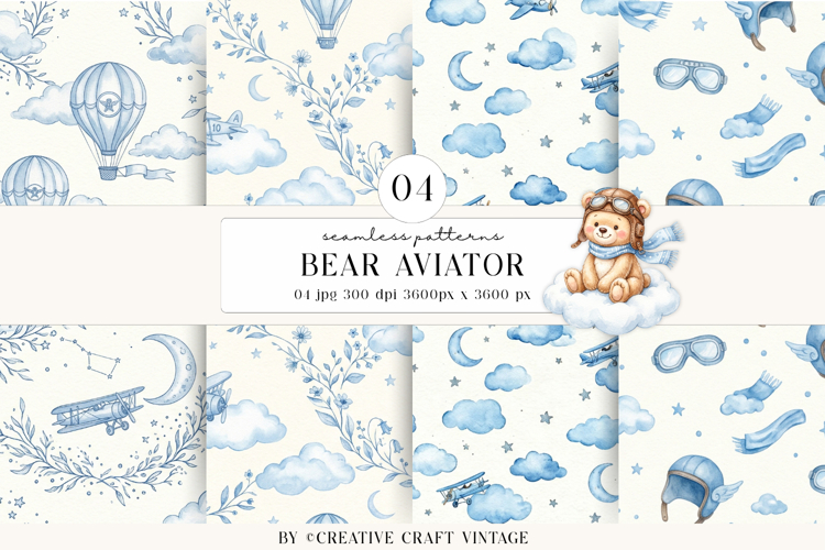 Bear Aviator Seamless Patterns, watercolor illustrations