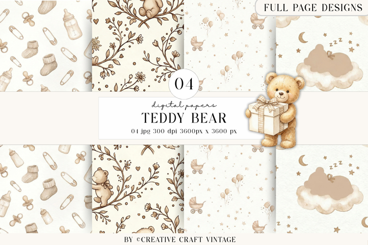 Teddy Bear Digital Papers, watercolor baby shower, boho