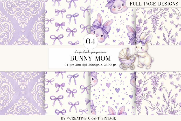 Bunny Mom Digital Papers, watercolor, vintage illustrations