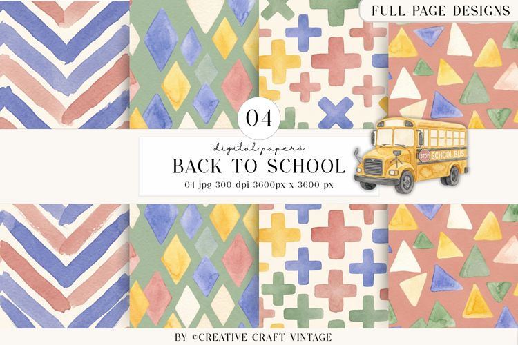 Back To School Digital Papers, watercolor scrapbook designs