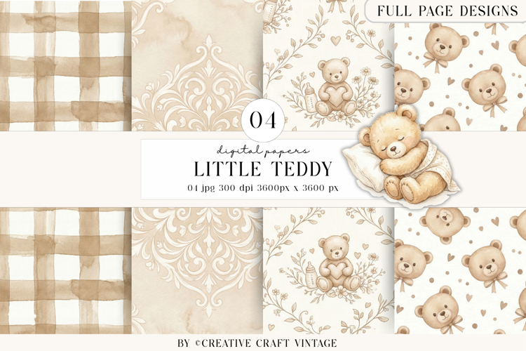 Teddy Bear Digital Papers, watercolor baby shower, boho