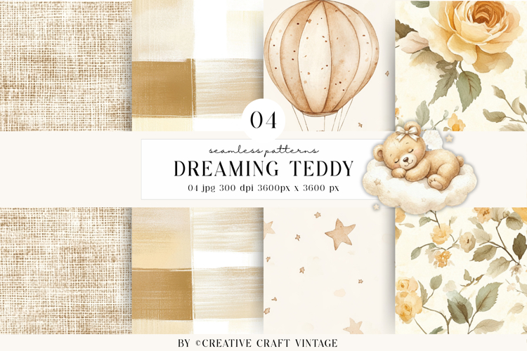 Teddy Bear Seamless Patterns, watercolor baby shower, boho