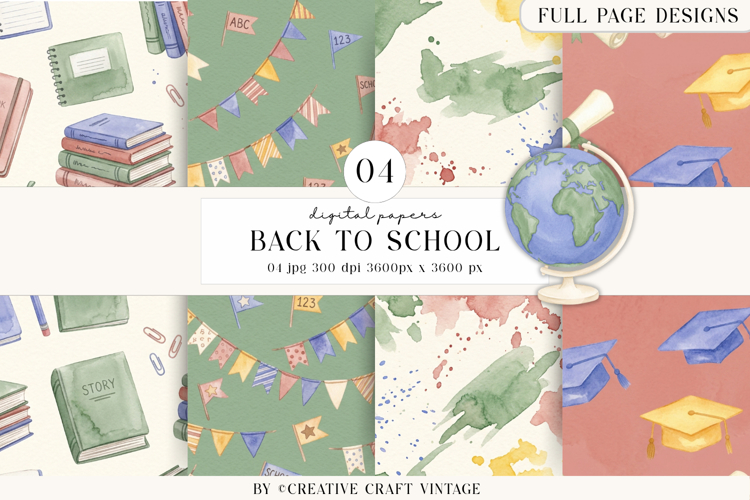 Back To School Digital Papers, watercolor scrapbook designs