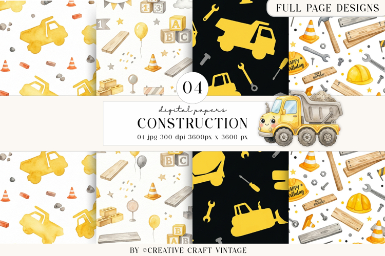 Construction Digital Papers, watercolor vintage illustration