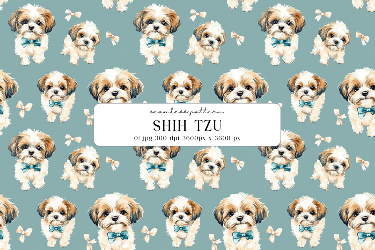 Shih Tzu Puppy Watercolor Seamless Pattern Digital Paper