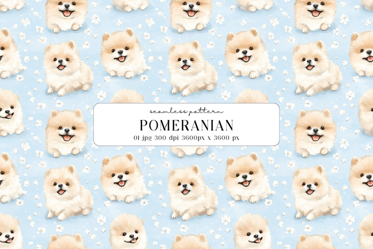 Pomeranian Puppy Watercolor Seamless Pattern, Digital Paper