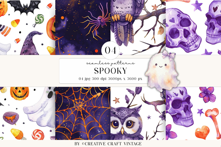 Halloween Seamless Patterns, watercolor digital papers