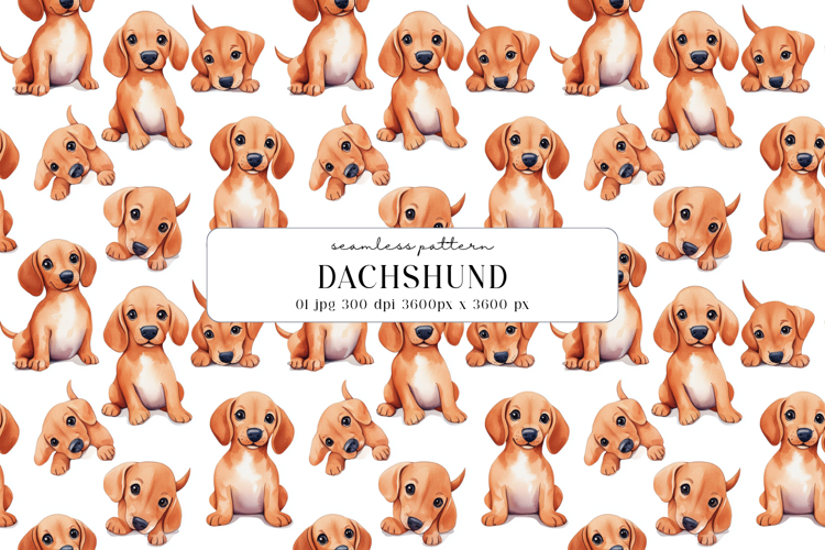 Dachshund Puppy Watercolor Seamless Pattern, Digital Paper