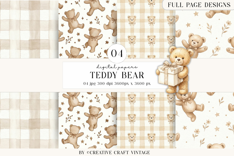 Teddy Bear Digital Papers, watercolor baby shower, boho